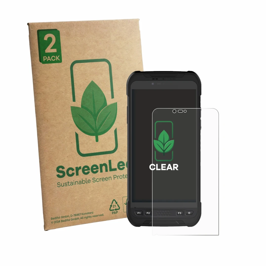 Parte frontal de un envase de producto con el logotipo de la marca ScreenLeaf. Al lado se muestra el dispositivo Stonex S60 co
