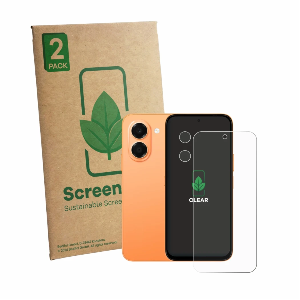 Parte frontal de un envase de producto con el logotipo de la marca ScreenLeaf. Al lado se muestra el dispositivo Honor X7e (Fr