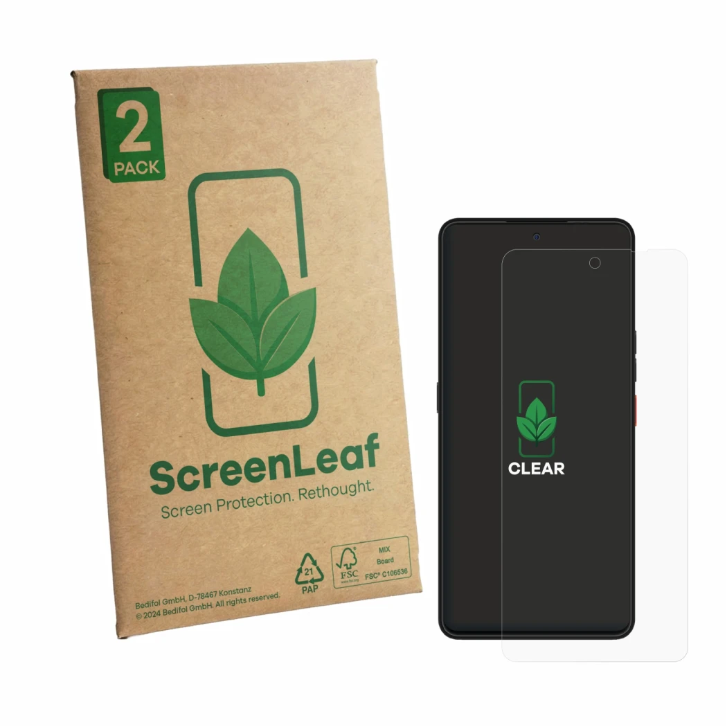 Parte frontal de un envase de producto con el logotipo de la marca ScreenLeaf. Al lado se muestra el dispositivo Volla Phone P