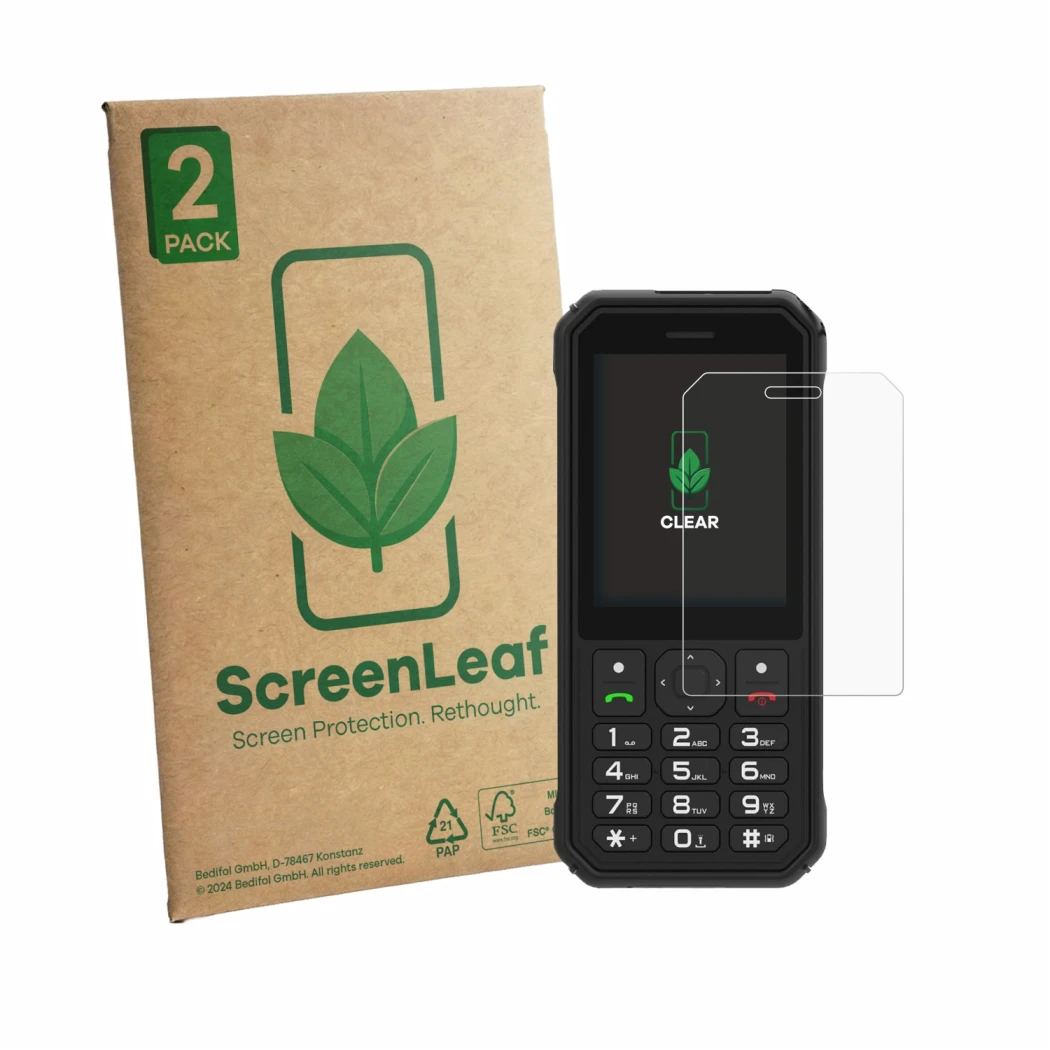 Parte frontal de un envase de producto con el logotipo de la marca ScreenLeaf. Al lado se muestra el dispositivo AGM M11 con s