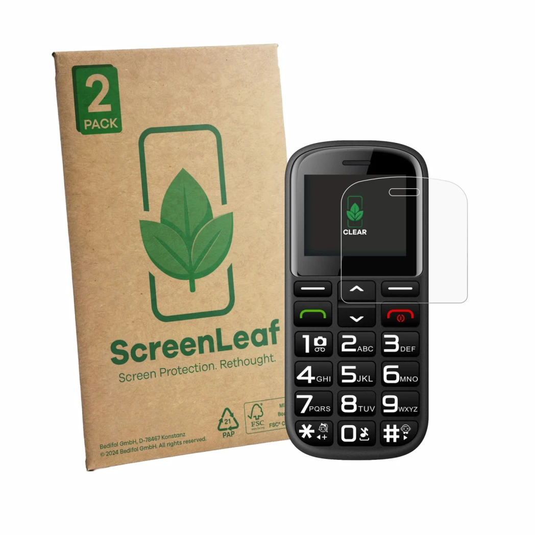 Parte frontal de un envase de producto con el logotipo de la marca ScreenLeaf. Al lado se muestra el dispositivo artfone CS182