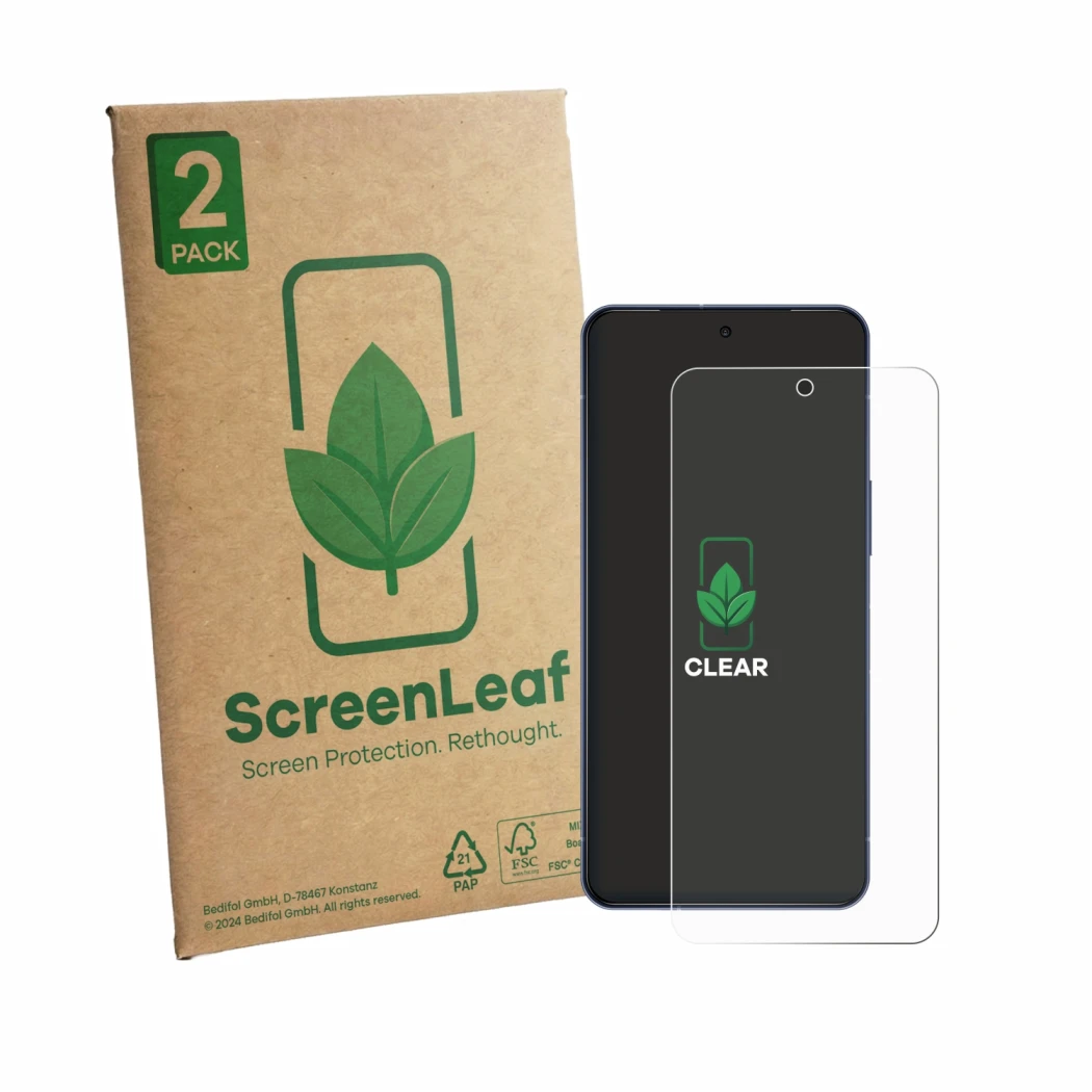 Parte frontal de un envase de producto con el logotipo de la marca ScreenLeaf. Al lado se muestra el dispositivo Sharp Aquos R