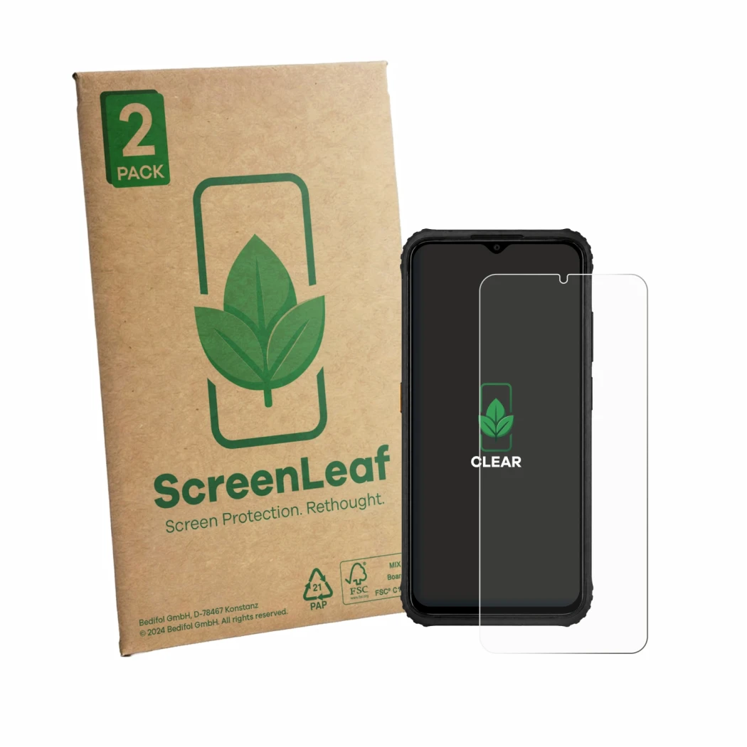 Parte frontal de un envase de producto con el logotipo de la marca ScreenLeaf. Al lado se muestra el dispositivo AGM H6 con su