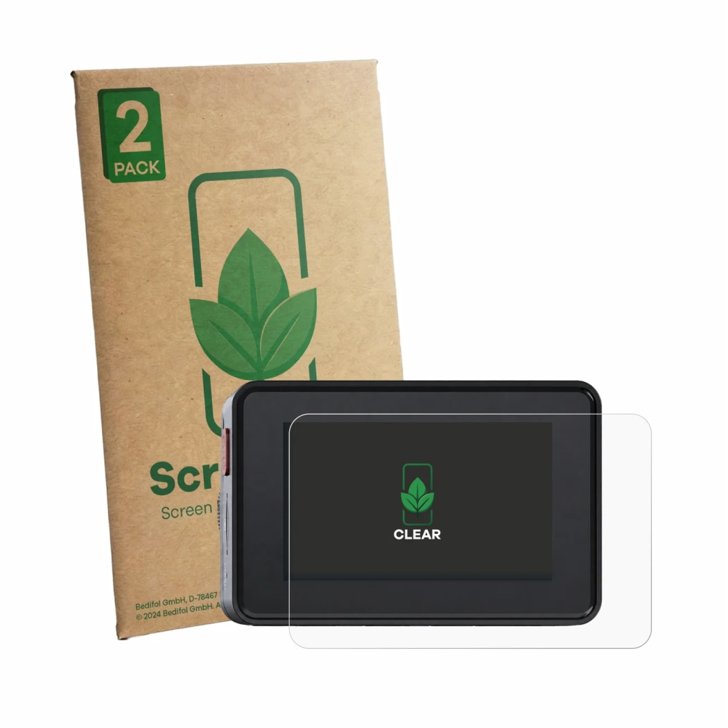 Parte frontal de un envase de producto con el logotipo de la marca ScreenLeaf. Al lado se muestra el dispositivo Vantrue Eleme