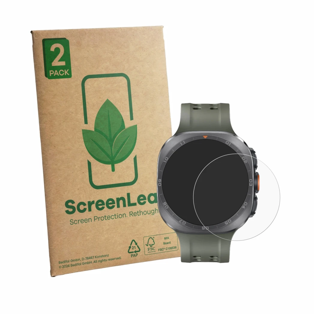 Parte frontal de un envase de producto con el logotipo de la marca ScreenLeaf. Al lado se muestra el dispositivo Samsung Galax