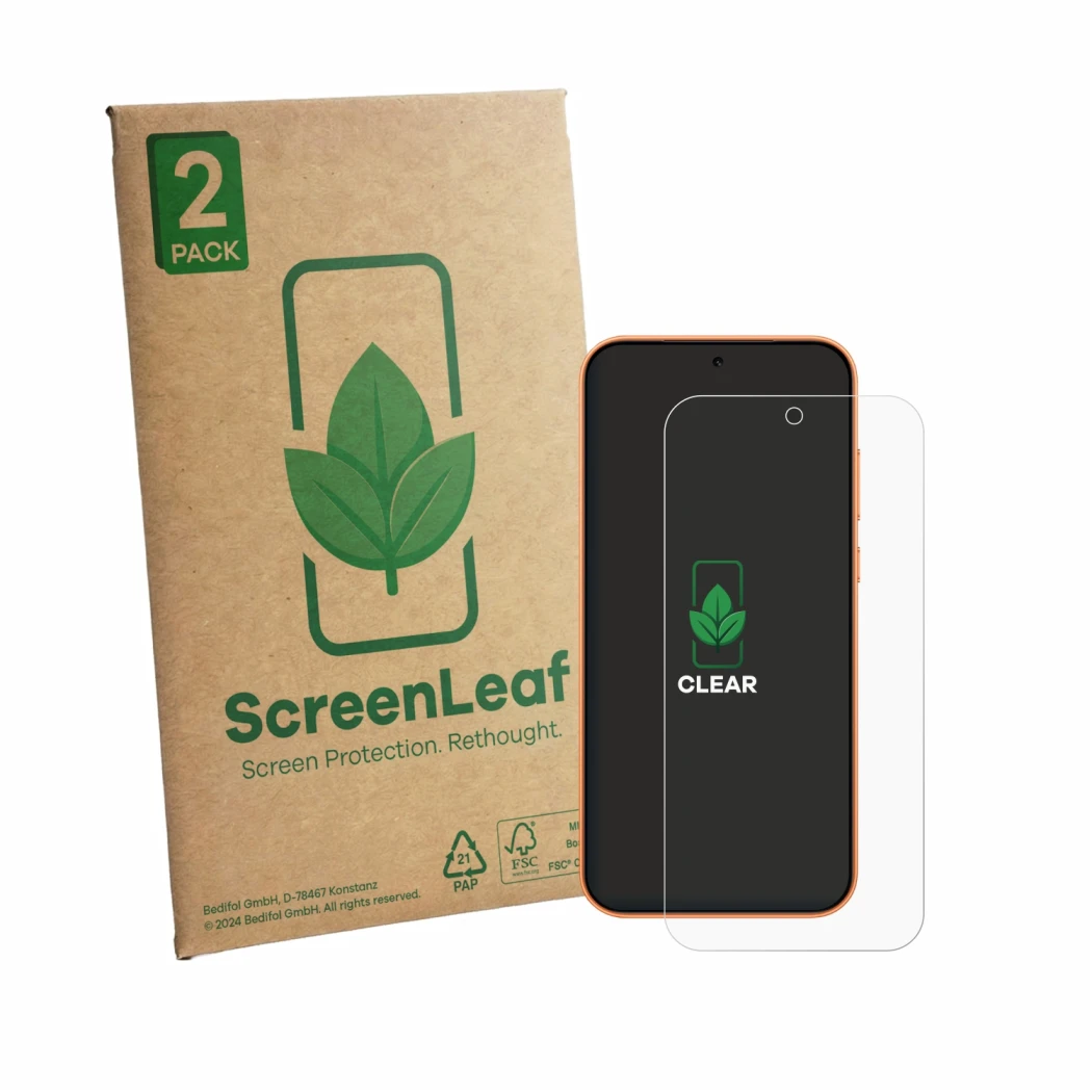 Parte frontal de un envase de producto con el logotipo de la marca ScreenLeaf. Al lado se muestra el dispositivo Oppo A7 Pro M