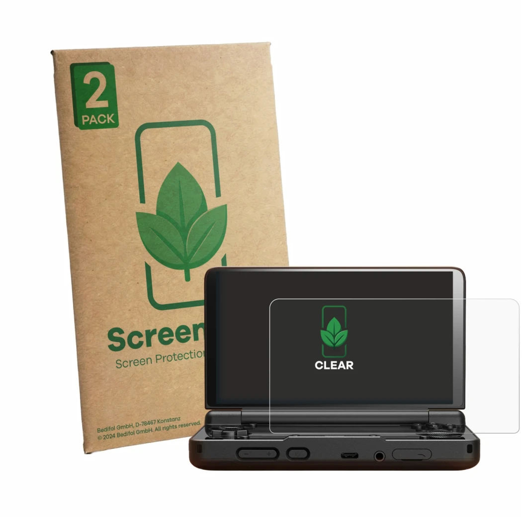 Parte frontal de un envase de producto con el logotipo de la marca ScreenLeaf. Al lado se muestra el dispositivo AYN Thor con 