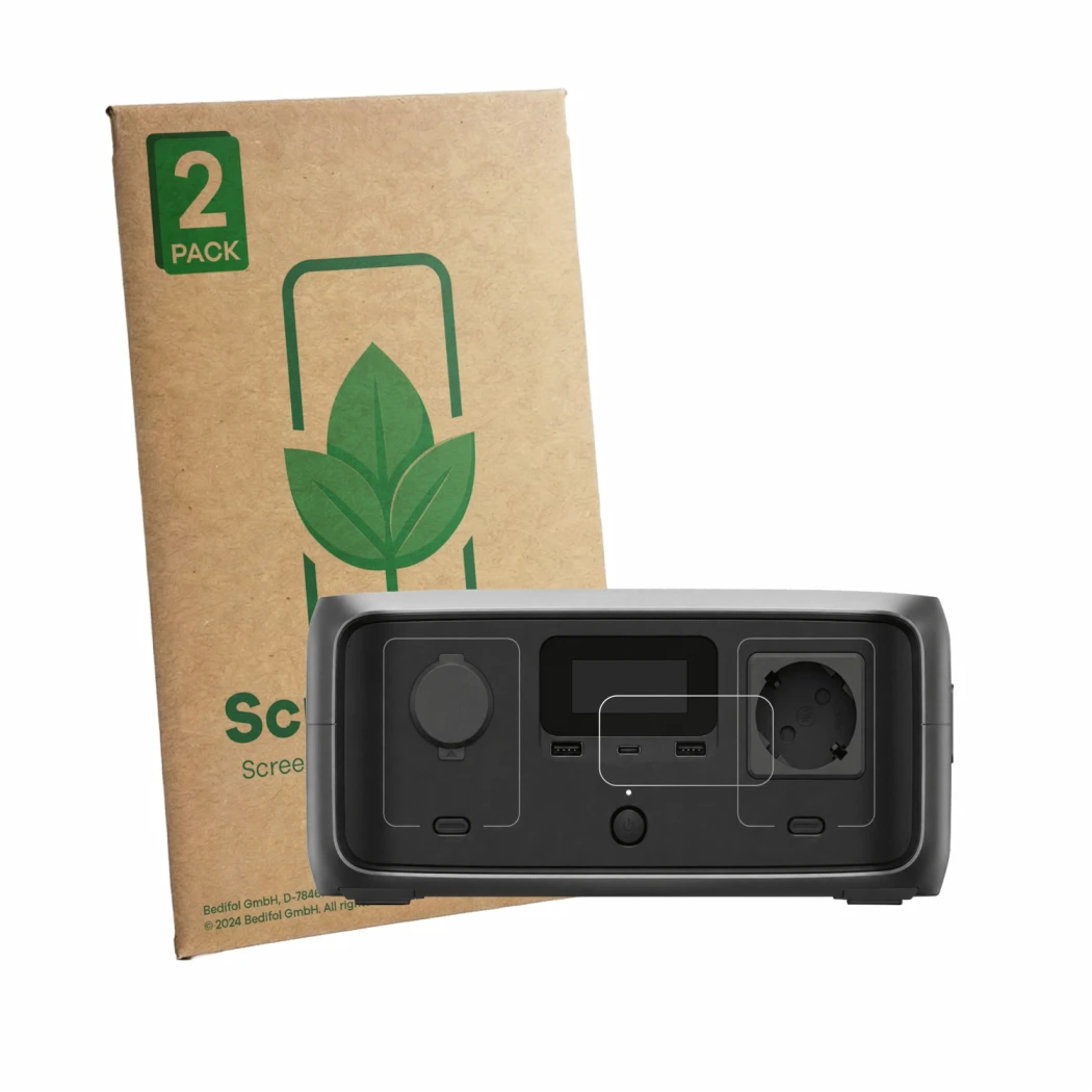 Parte frontal de un envase de producto con el logotipo de la marca ScreenLeaf. Al lado se muestra el dispositivo EcoFlow River