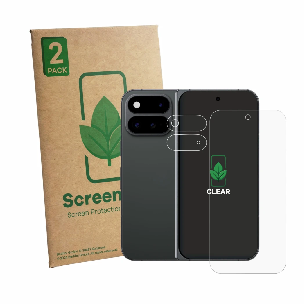 Parte frontal de un envase de producto con el logotipo de la marca ScreenLeaf. Al lado se muestra el dispositivo Google Pixel 