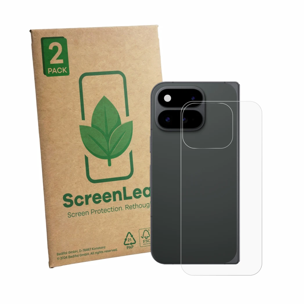 Parte frontal de un envase de producto con el logotipo de la marca ScreenLeaf. Al lado se muestra el dispositivo Google Pixel 