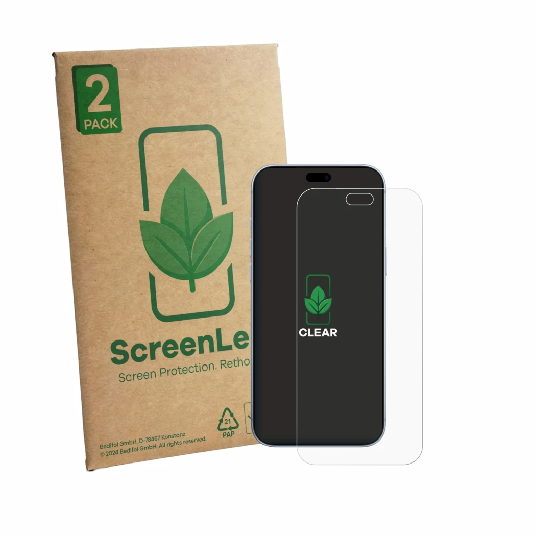 Parte frontal de un envase de producto con el logotipo de la marca ScreenLeaf. Al lado se muestra el dispositivo Apple iPhone 