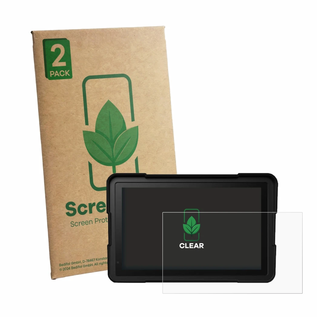 Parte frontal de un envase de producto con el logotipo de la marca ScreenLeaf. Al lado se muestra el dispositivo BakerMiche 7