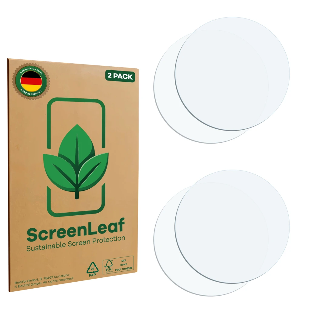 Parte frontal de un envase de producto con el logotipo de la marca ScreenLeaf. Al lado está el protector de pantalla correspon