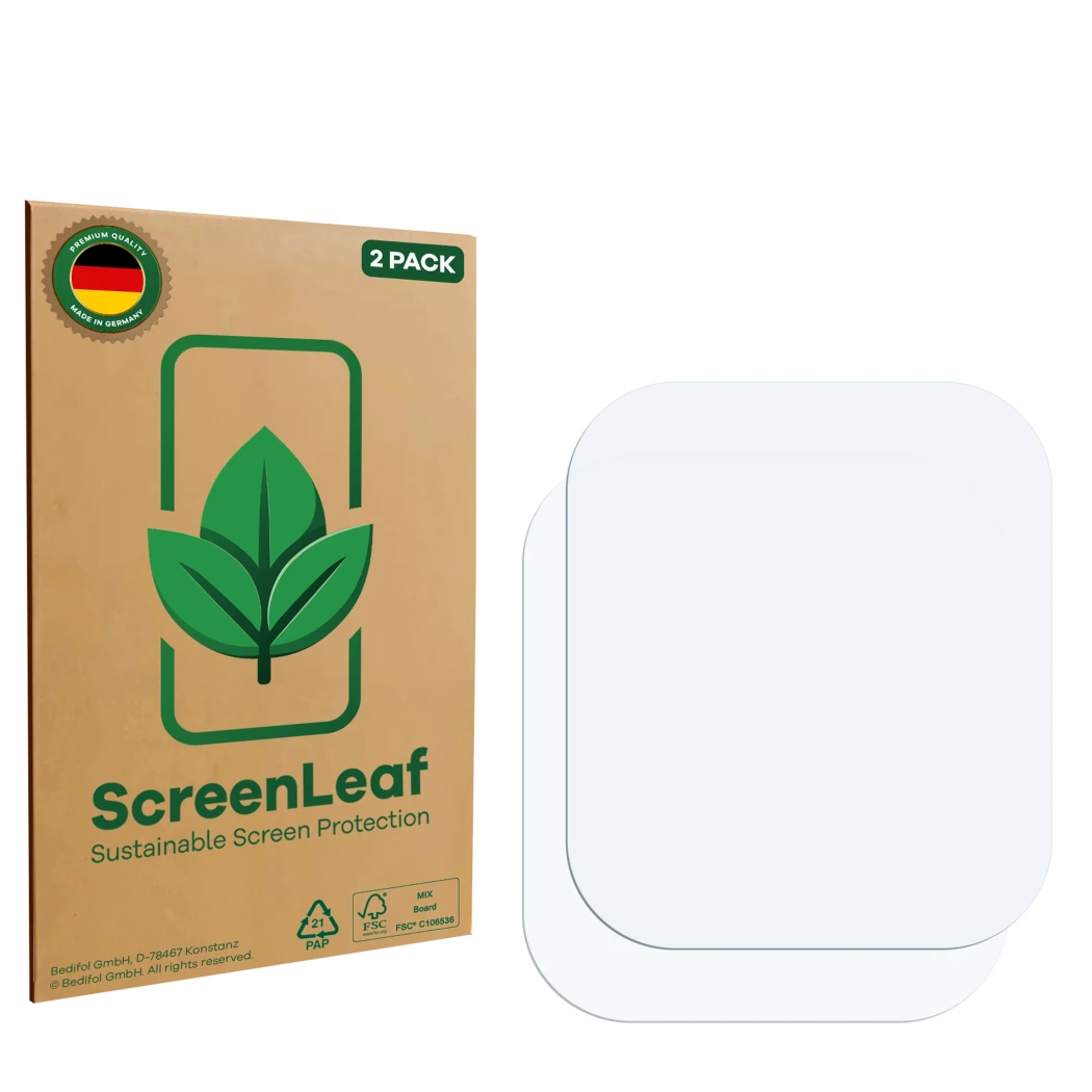 Parte frontal de un envase de producto con el logotipo de la marca ScreenLeaf. Al lado está el protector de pantalla correspon