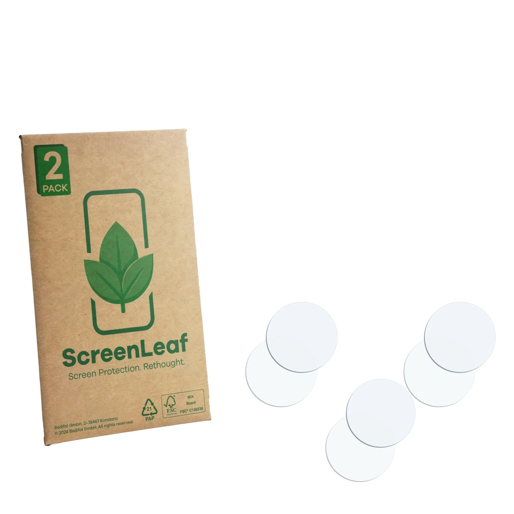 Parte frontal de un envase de producto con el logotipo de la marca ScreenLeaf. Al lado está el protector de pantalla correspon