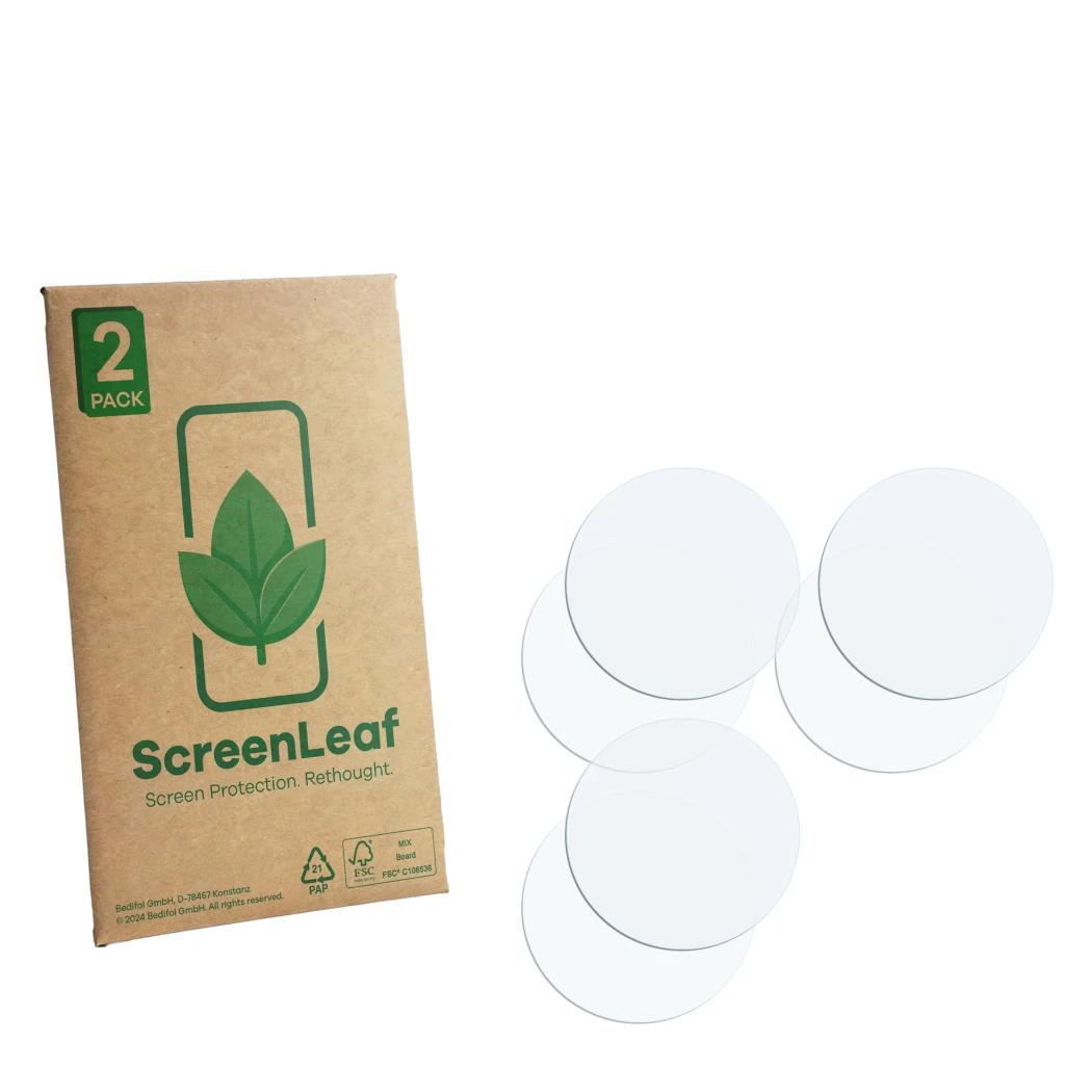 Parte frontal de un envase de producto con el logotipo de la marca ScreenLeaf. Al lado está el protector de pantalla correspon