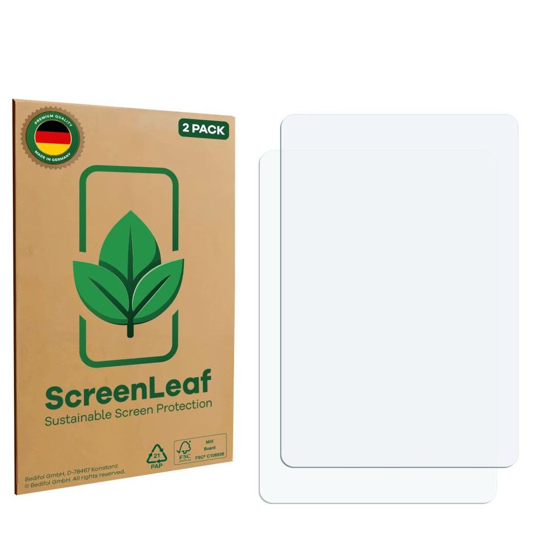 Parte frontal de un envase de producto con el logotipo de la marca ScreenLeaf. Al lado está el protector de pantalla correspon