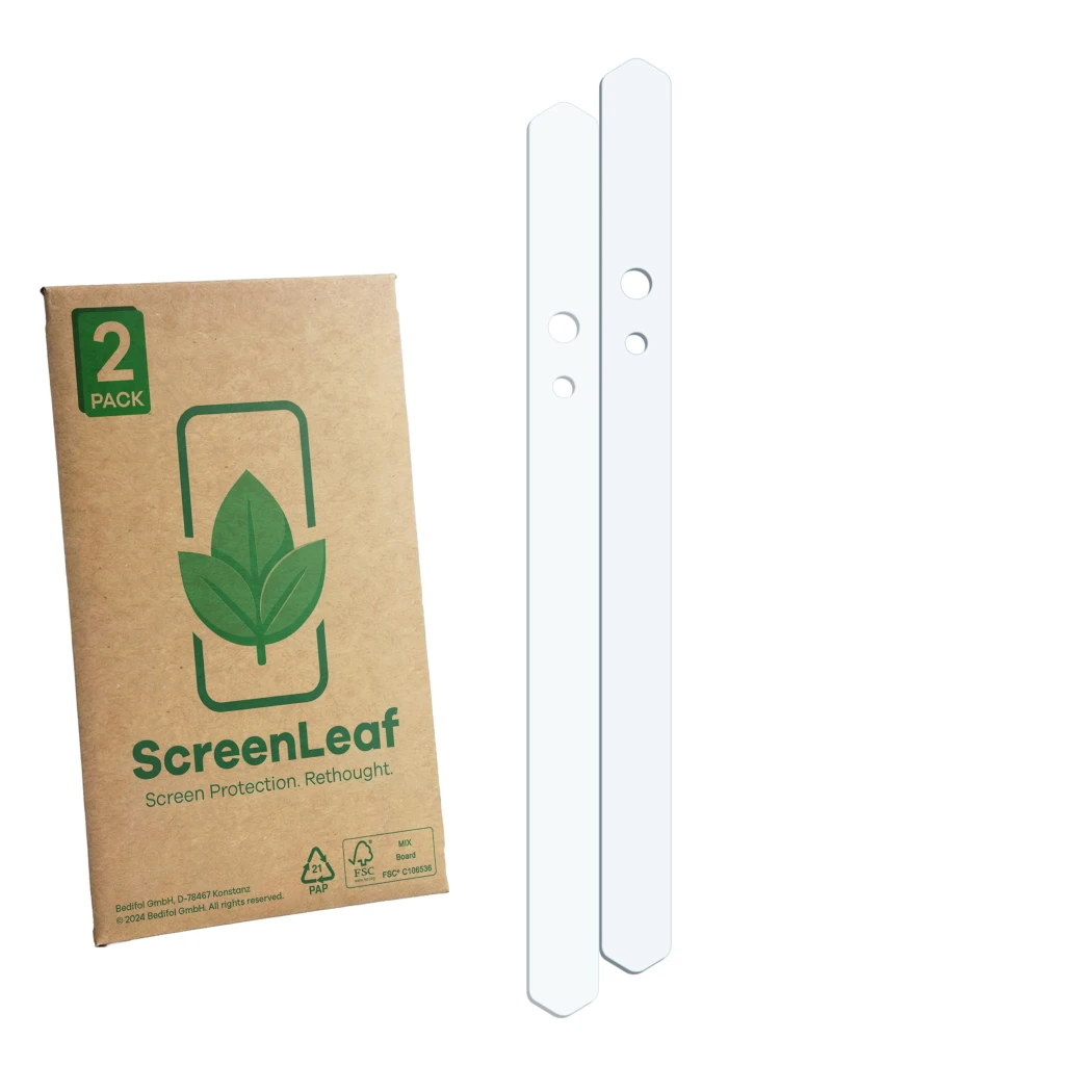 Parte frontal de un envase de producto con el logotipo de la marca ScreenLeaf. Al lado está el protector de pantalla correspon