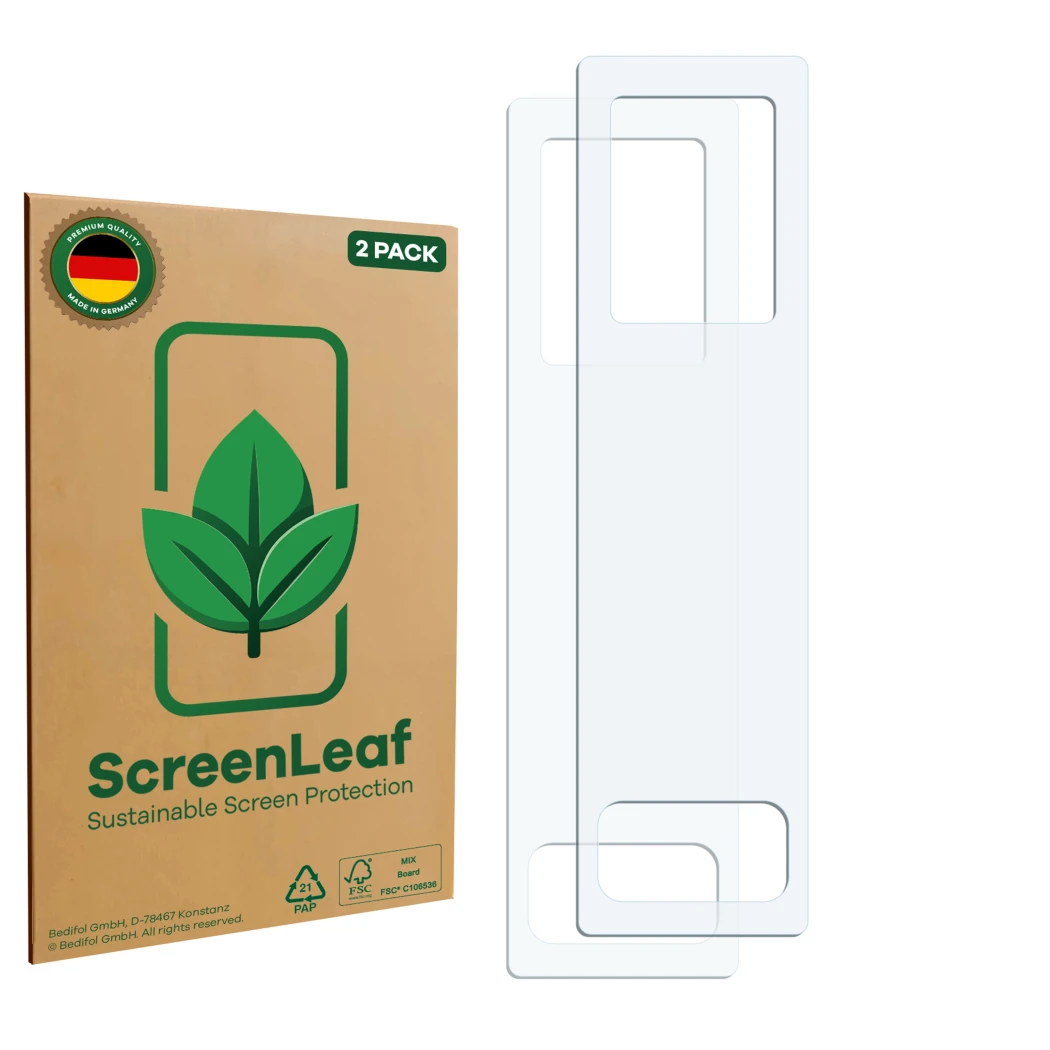 Parte frontal de un envase de producto con el logotipo de la marca ScreenLeaf. Al lado está el protector de pantalla correspon