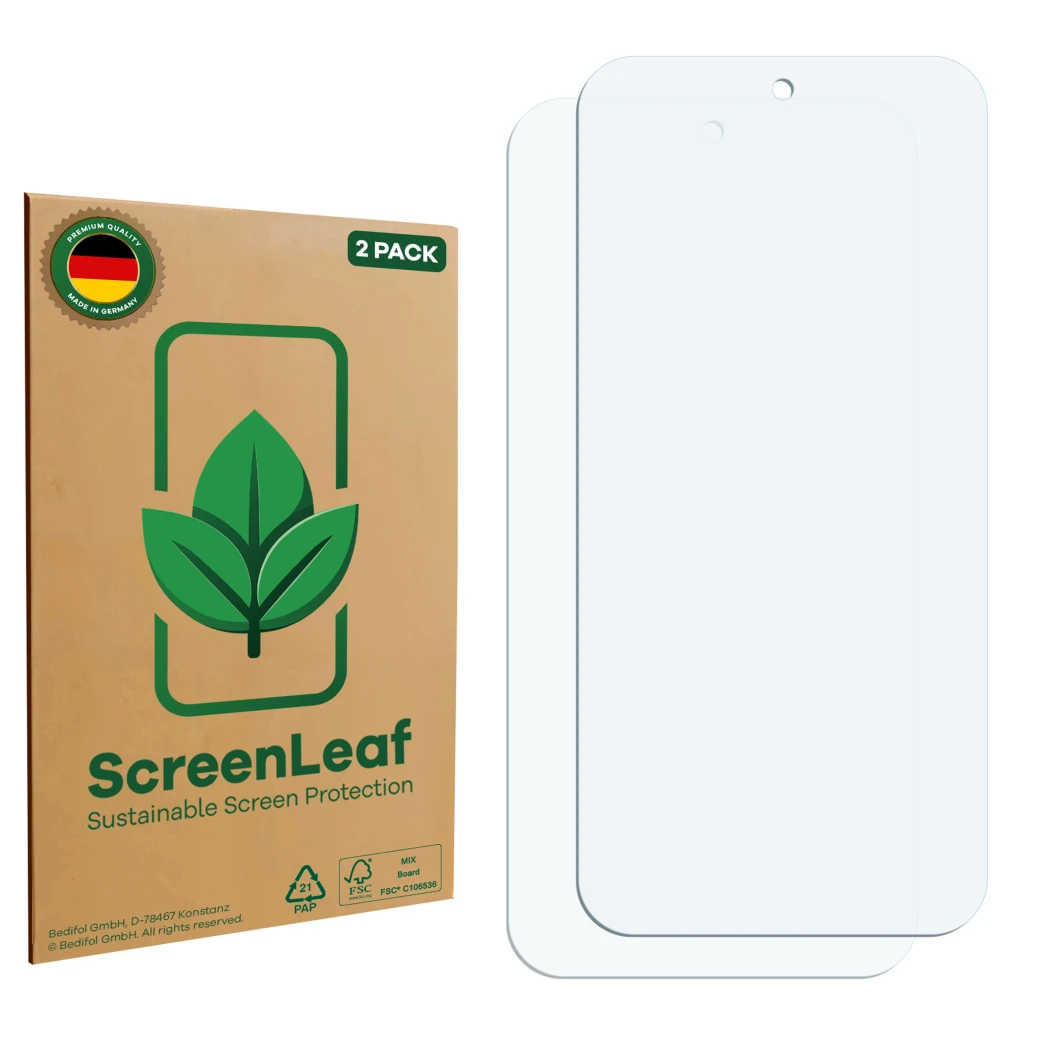 Parte frontal de un envase de producto con el logotipo de la marca ScreenLeaf. Al lado está el protector de pantalla correspon