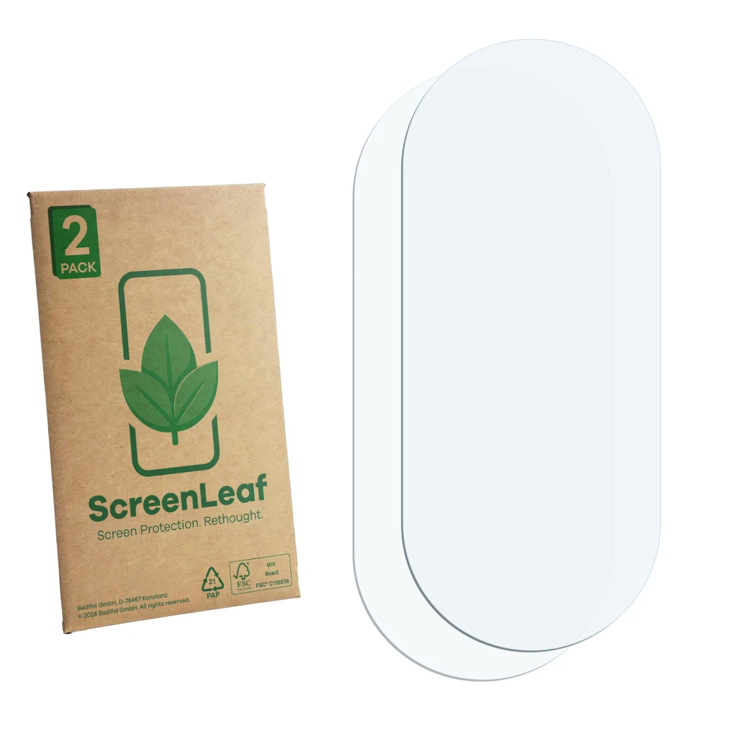 Parte frontal de un envase de producto con el logotipo de la marca ScreenLeaf. Al lado está el protector de pantalla correspon