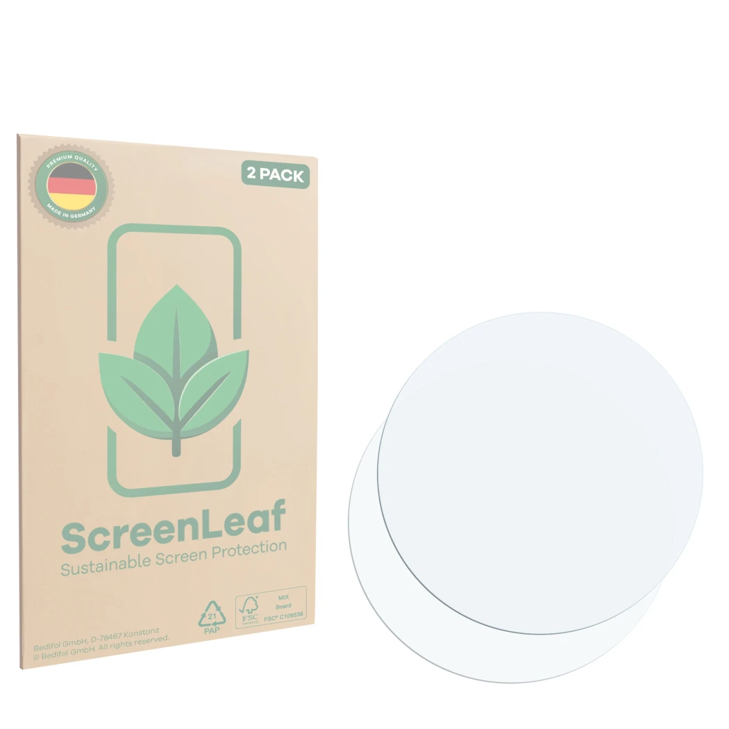 Parte frontal de un envase de producto con el logotipo de la marca ScreenLeaf. Al lado está el protector de pantalla correspon