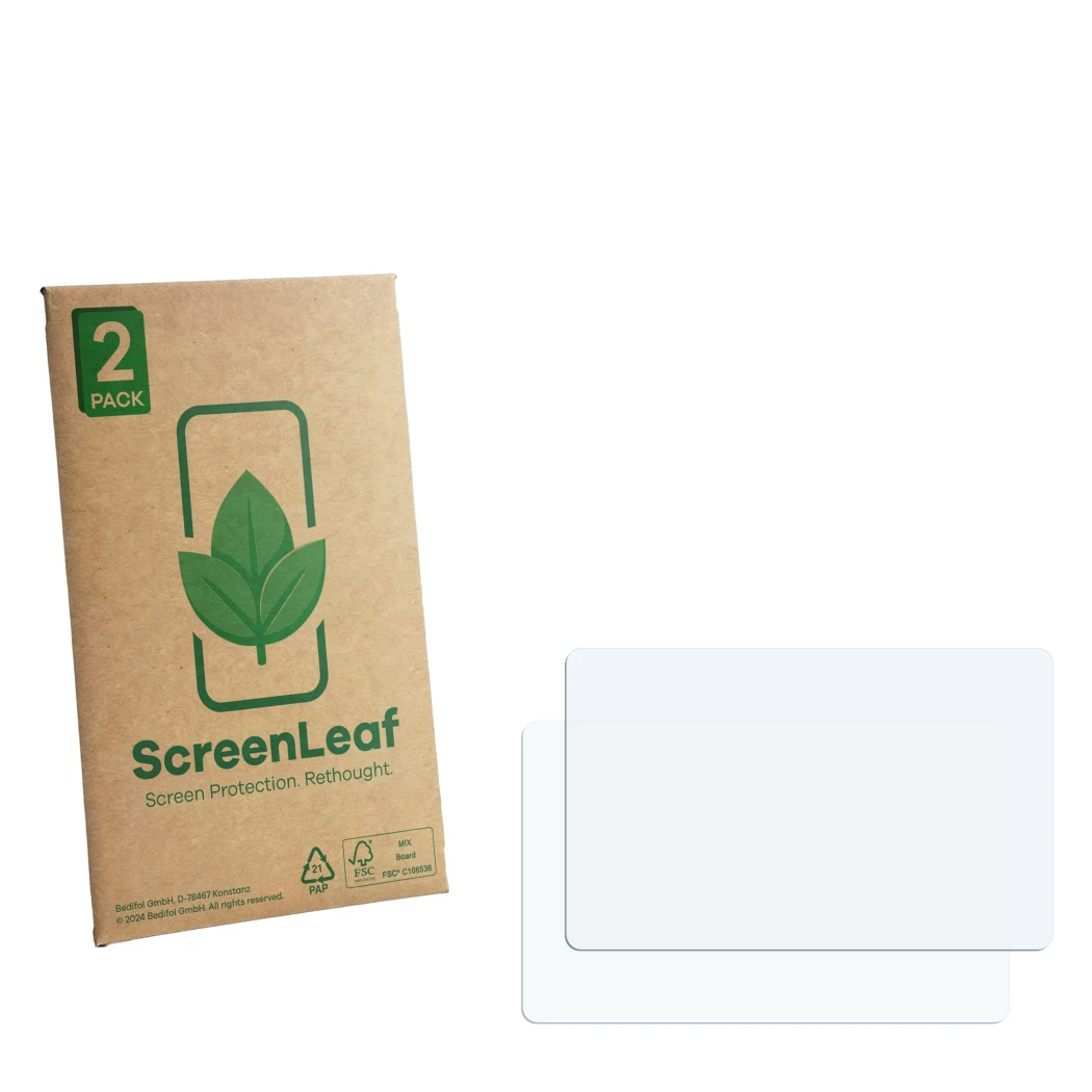Parte frontal de un envase de producto con el logotipo de la marca ScreenLeaf. Al lado está el protector de pantalla correspon