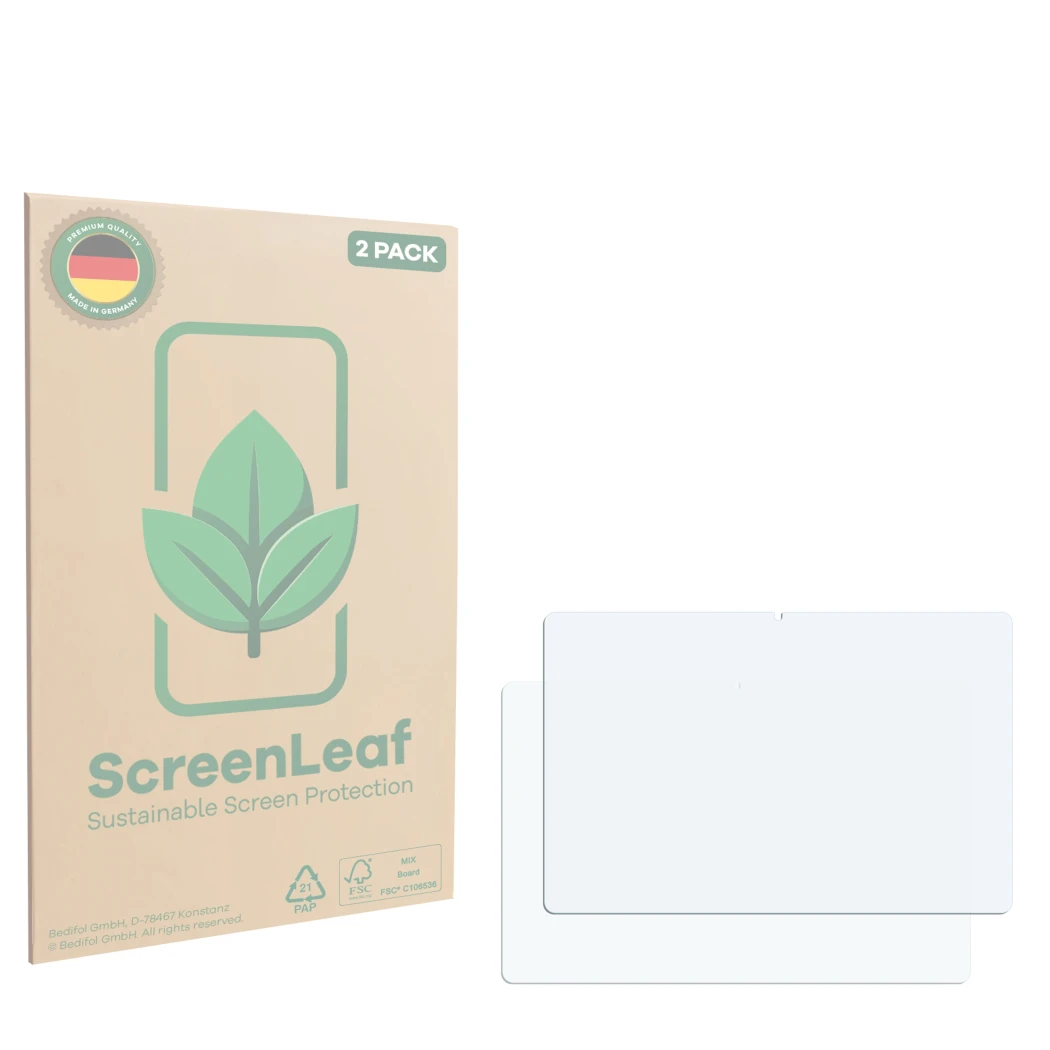 Parte frontal de un envase de producto con el logotipo de la marca ScreenLeaf. Al lado está el protector de pantalla correspon