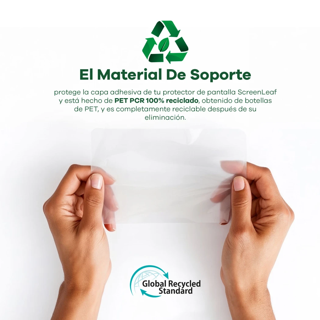 Información sobre el material de soporte reciclado, compuesto al 100 % por PET PCR reciclado. En la parte inferior aparece el 