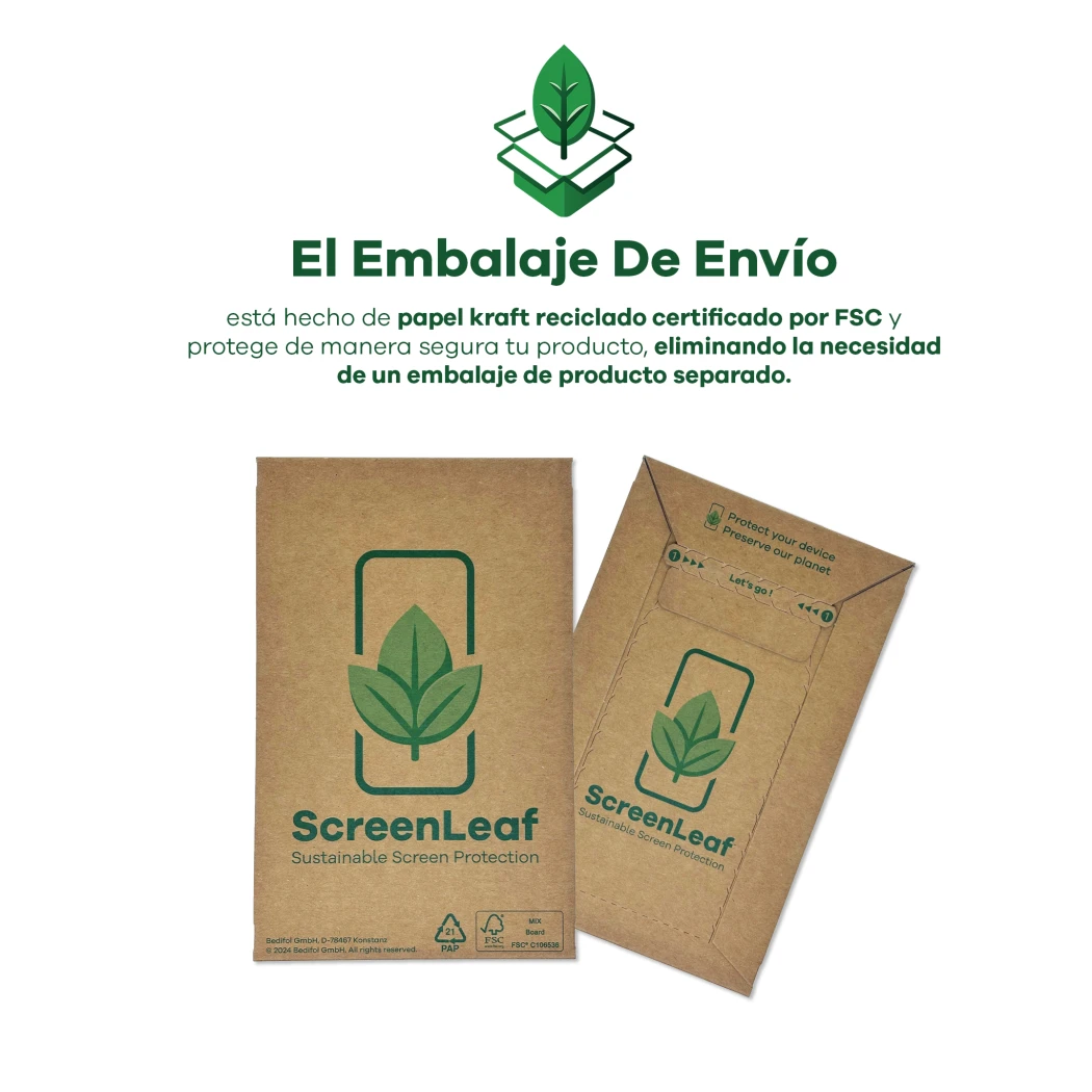 Información sobre la bolsa de envío, hecha de papel kraft reciclado con certificación FSC. El embalaje también está ilustrado.