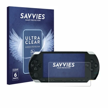 Parte frontal de un envase de producto con el logotipo de la marca Savvies. Al lado se muestra el dispositivo Sony PSP 1000 co