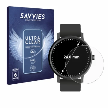 Parte frontal de un envase de producto con el logotipo de la marca Savvies. Al lado se muestra el dispositivo Relojes (Circula