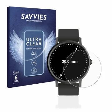 Parte frontal de un envase de producto con el logotipo de la marca Savvies. Al lado se muestra el dispositivo Relojes (Circula