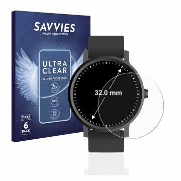 Parte frontal de un envase de producto con el logotipo de la marca Savvies. Al lado se muestra el dispositivo Relojes (Circula