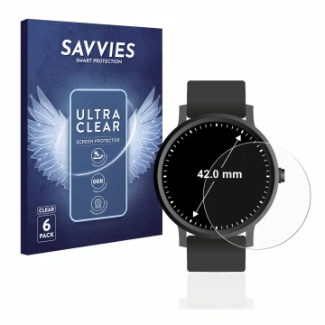 Parte frontal de un envase de producto con el logotipo de la marca Savvies. Al lado se muestra el dispositivo Relojes (Circula