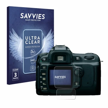 Parte frontal de un envase de producto con el logotipo de la marca Savvies. Al lado se muestra el dispositivo Nikon D50 con su