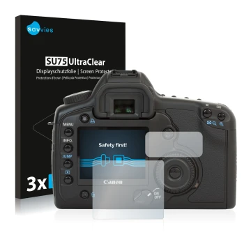 Parte frontal de un envase de producto con el logotipo de la marca Savvies. Al lado se muestra el dispositivo Canon EOS 5D con
