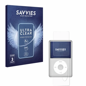 Parte frontal de un envase de producto con el logotipo de la marca Savvies. Al lado se muestra el dispositivo Apple iPod Class