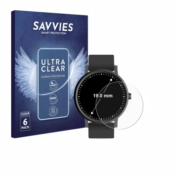 Parte frontal de un envase de producto con el logotipo de la marca Savvies. Al lado se muestra el dispositivo Relojes (Circula