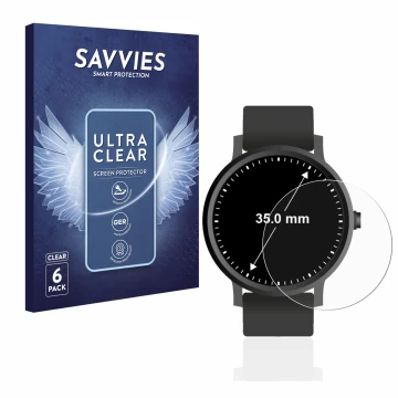Parte frontal de un envase de producto con el logotipo de la marca Savvies. Al lado se muestra el dispositivo Relojes (Circula