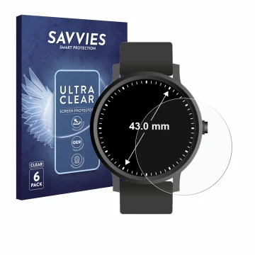 Parte frontal de un envase de producto con el logotipo de la marca Savvies. Al lado se muestra el dispositivo Relojes (Circula