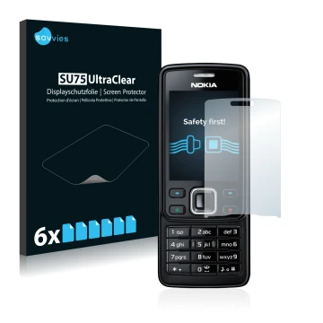 Parte frontal de un envase de producto con el logotipo de la marca Savvies. Al lado se muestra el dispositivo Nokia 6300 2007 