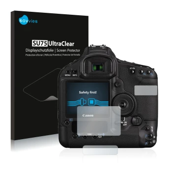 Parte frontal de un envase de producto con el logotipo de la marca Savvies. Al lado se muestra el dispositivo Canon EOS 1D Mar