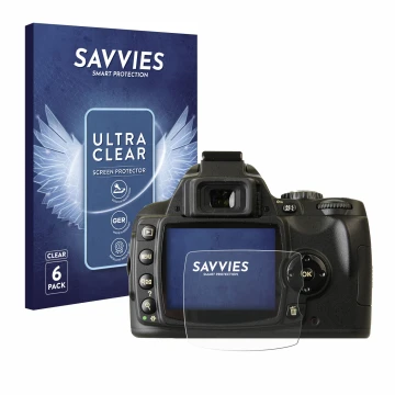 Parte frontal de un envase de producto con el logotipo de la marca Savvies. Al lado se muestra el dispositivo Nikon D40x con s
