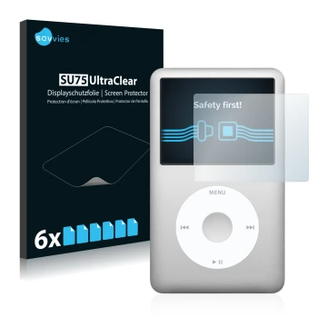Parte frontal de un envase de producto con el logotipo de la marca Savvies. Al lado se muestra el dispositivo Apple iPod Class