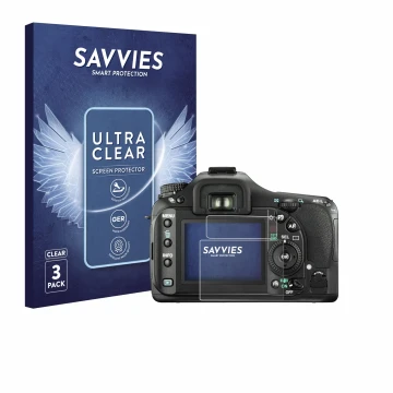 Parte frontal de un envase de producto con el logotipo de la marca Savvies. Al lado se muestra el dispositivo Pentax K20D con 