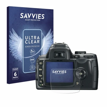 Parte frontal de un envase de producto con el logotipo de la marca Savvies. Al lado se muestra el dispositivo Nikon D60 con su