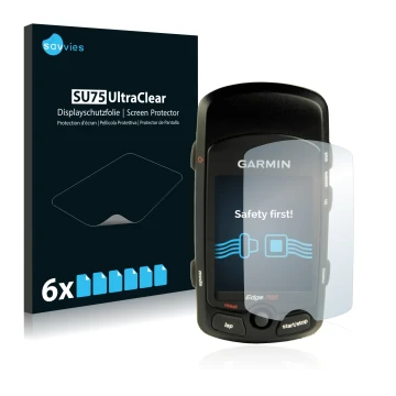 Parte frontal de un envase de producto con el logotipo de la marca Savvies. Al lado se muestra el dispositivo Garmin Edge 705 