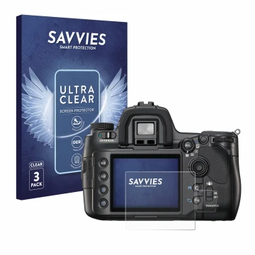 Parte frontal de un envase de producto con el logotipo de la marca Savvies. Al lado se muestra el dispositivo Sony Alpha 900 (