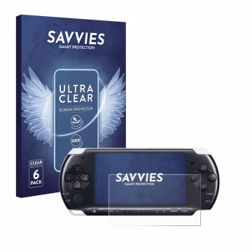 Parte frontal de un envase de producto con el logotipo de la marca Savvies. Al lado se muestra el dispositivo Sony PSP 3000 co